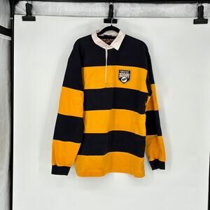 Vtg 90s Pure Playaz Men's Navy & Yellow Striped Long Sleeve Rugby Polo - XL